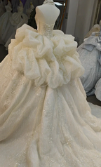 Lavish Halter-Neck Ball Gown Wedding Dress with Pearl Crystal Embroidery & Ruffled Tulle Skirt Ye-2034