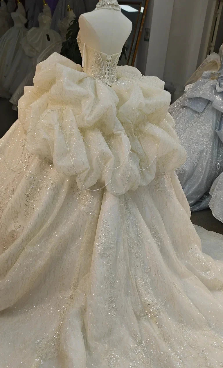 Lavish Halter-Neck Ball Gown Wedding Dress with Pearl Crystal Embroidery & Ruffled Tulle Skirt Ye-2034