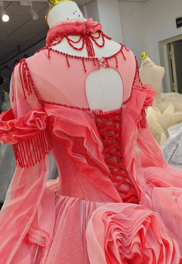 Vibrant Coral Red Off-the-Shoulder Ball Gown Wedding Dress with 3D Rose Appliqués & Beaded Tassels Ye-2036