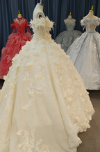Ethereal Off-the-Shoulder Ball Gown Wedding Dress with 3D Floral Appliqués, Pearl Beading & Glitter Tulle Ye-2038
