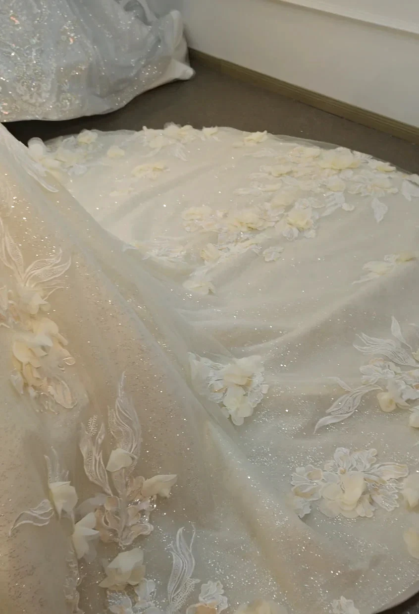 Ethereal Off-the-Shoulder Ball Gown Wedding Dress with 3D Floral Appliqués, Pearl Beading & Glitter Tulle Ye-2038