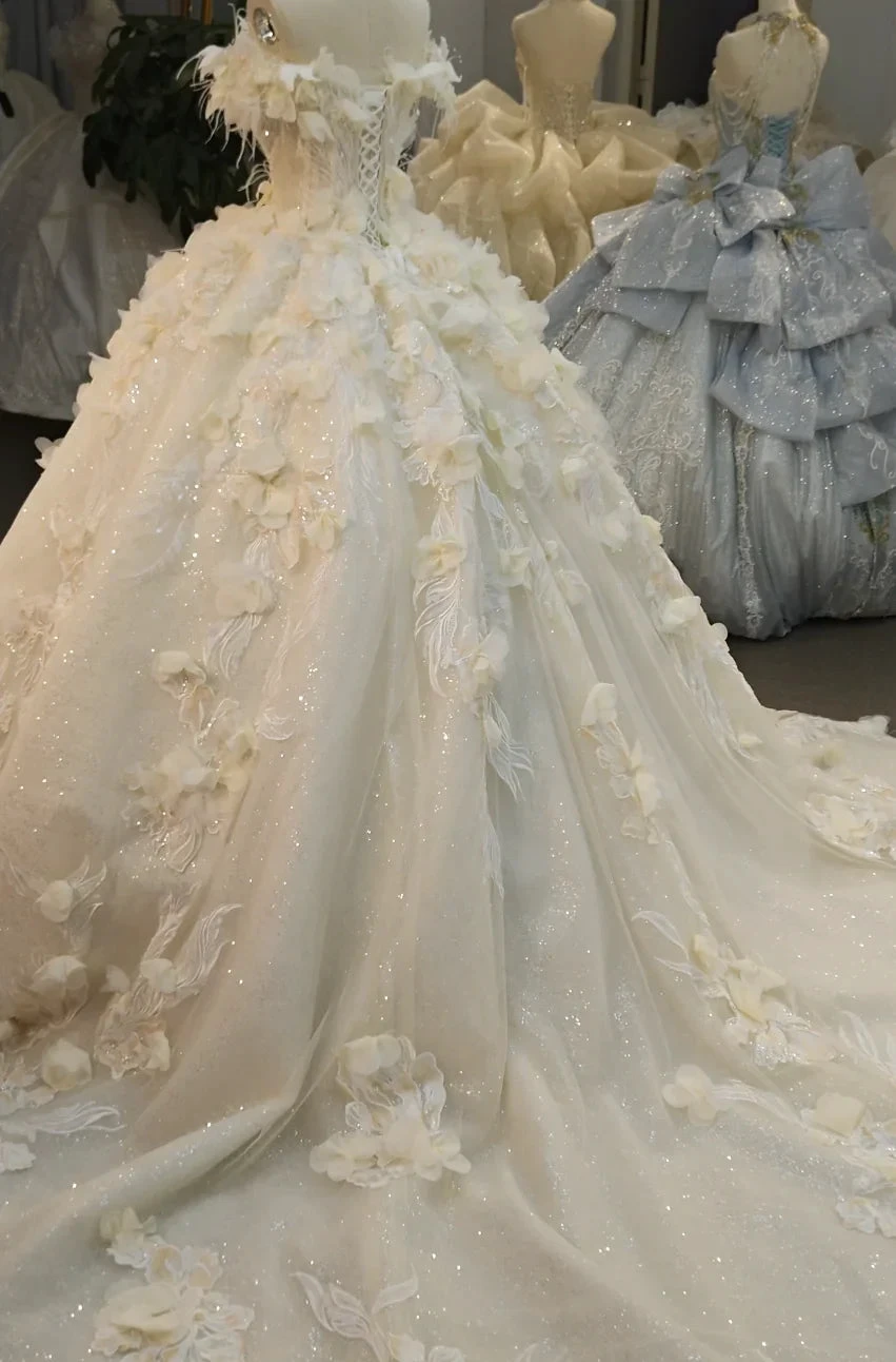 Ethereal Off-the-Shoulder Ball Gown Wedding Dress with 3D Floral Appliqués, Pearl Beading & Glitter Tulle Ye-2038