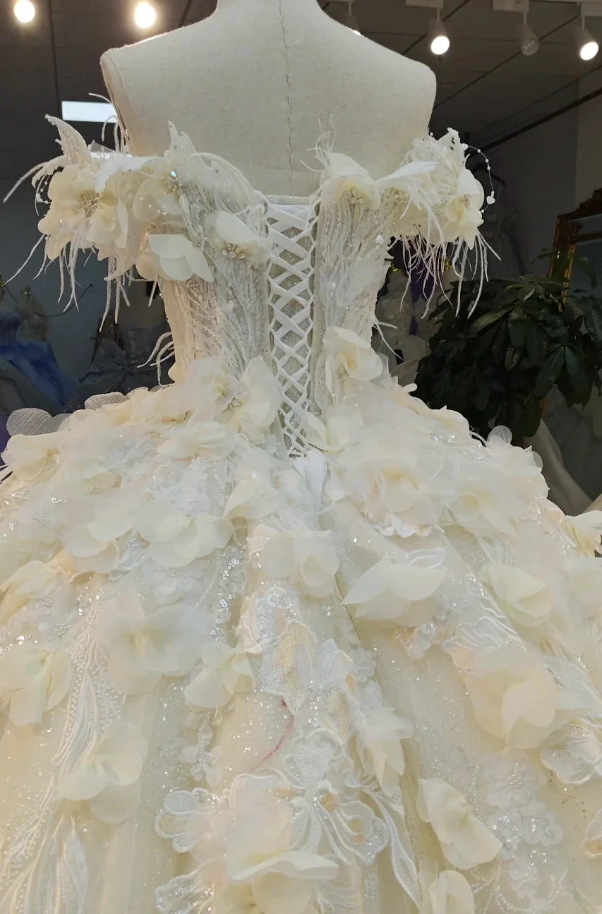 Ethereal Off-the-Shoulder Ball Gown Wedding Dress with 3D Floral Appliqués, Pearl Beading & Glitter Tulle Ye-2038