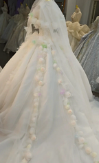 Whimsical Sweetheart Ball Gown Wedding Dress with 3D Pastel Florals & Sheer Tulle Train Ye-2039