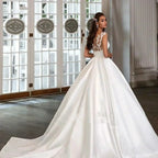 Boho Satin Wedding Dresses A line Lace Appliques Bridal Gowns Elegant V Neck Princess Wedding Party Gowns