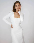Elegant Satin Mermaid Wedding Dress Square Neck Long Sleeves Backless Party Bridal Dress Bride Dress Vestido De Noiva