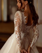 Glitter Champagne Wedding Dresses Long Sleeve Appliques Lace Modern Bridal Dress Tulle Bride Gown vestidos de novia