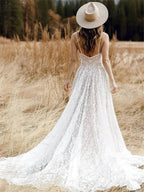 Straps Bohemian Wedding Dresses For Women Sleeveless V Neck A Line Beach Bride Dresses Romantic Boho Bridal Gown