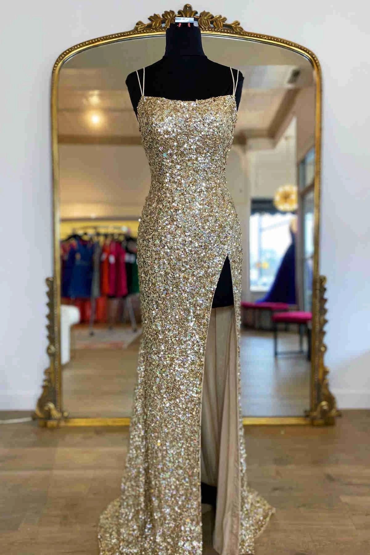 Sparkle Tiffany Blue Sequins Long Prom Dress With Slit SYP99