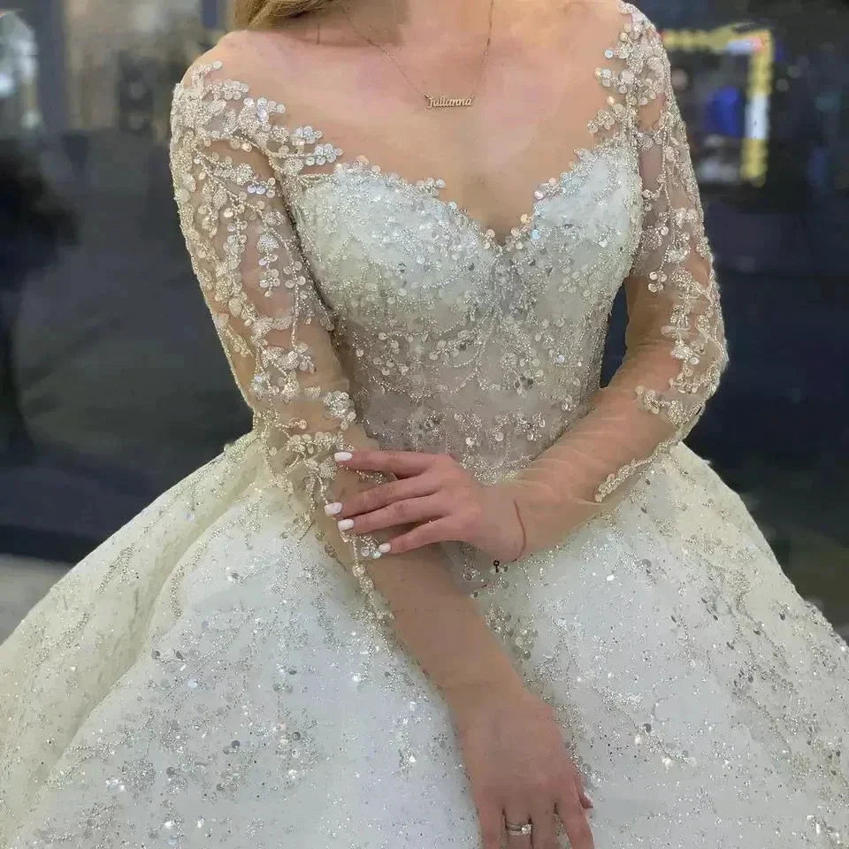 Sparkly Beading Wedding Dress Long Sleeves 2023 Vestido De Noiva Lace Up Pageant Beading Bridal Gowns Custom Made Hochzeitskleid