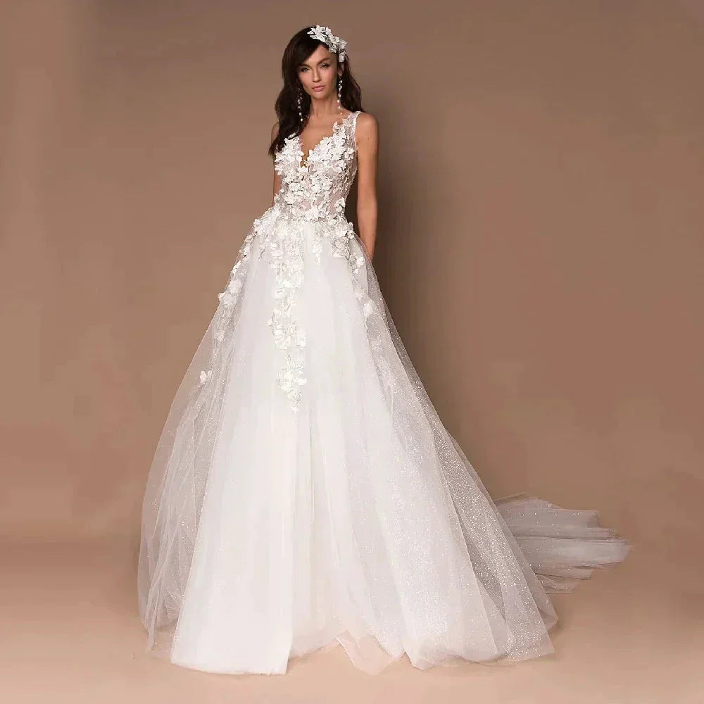 Sparkly V-Neck Wedding Dresses 2023 Boho 3D Appliques Tulle Bridal Gowns Vestidos De Novia Bohemian Princess Brides Dresses