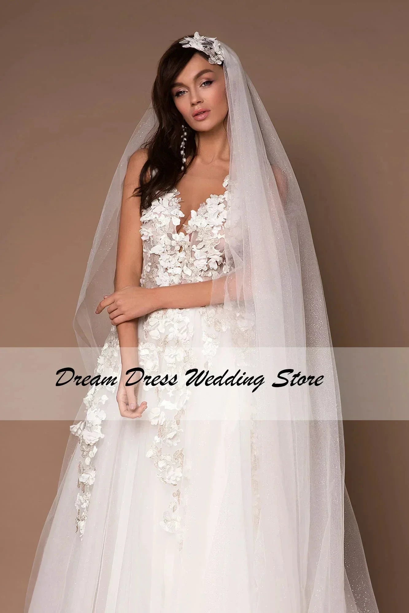 Sparkly V-Neck Wedding Dresses 2023 Boho 3D Appliques Tulle Bridal Gowns Vestidos De Novia Bohemian Princess Brides Dresses