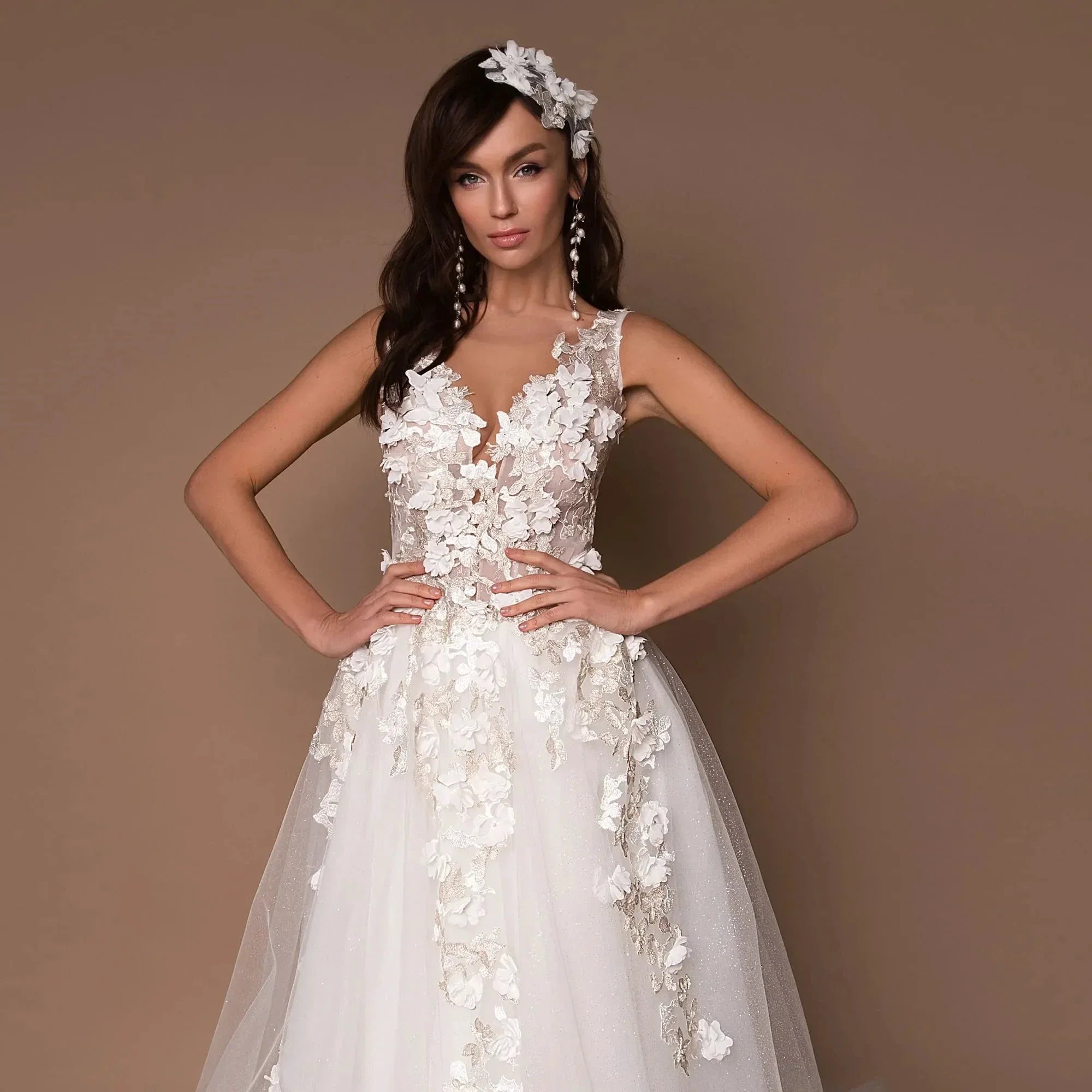 Sparkly V-Neck Wedding Dresses 2023 Boho 3D Appliques Tulle Bridal Gowns Vestidos De Novia Bohemian Princess Brides Dresses