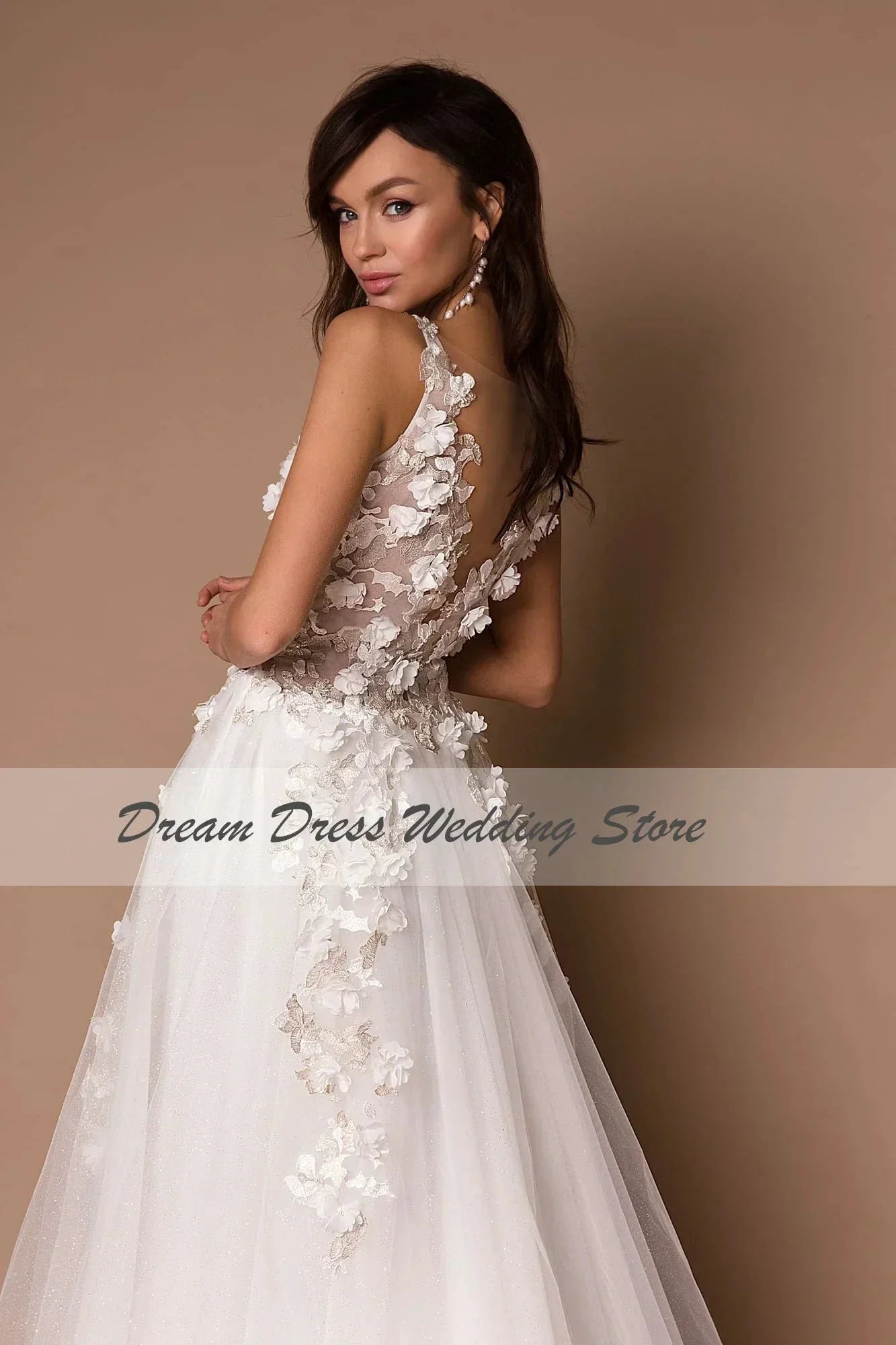 Sparkly V-Neck Wedding Dresses 2023 Boho 3D Appliques Tulle Bridal Gowns Vestidos De Novia Bohemian Princess Brides Dresses