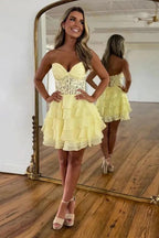 Sparkly A-line Strapless Appliques Tiered Lilac Homecoming Dress PD553