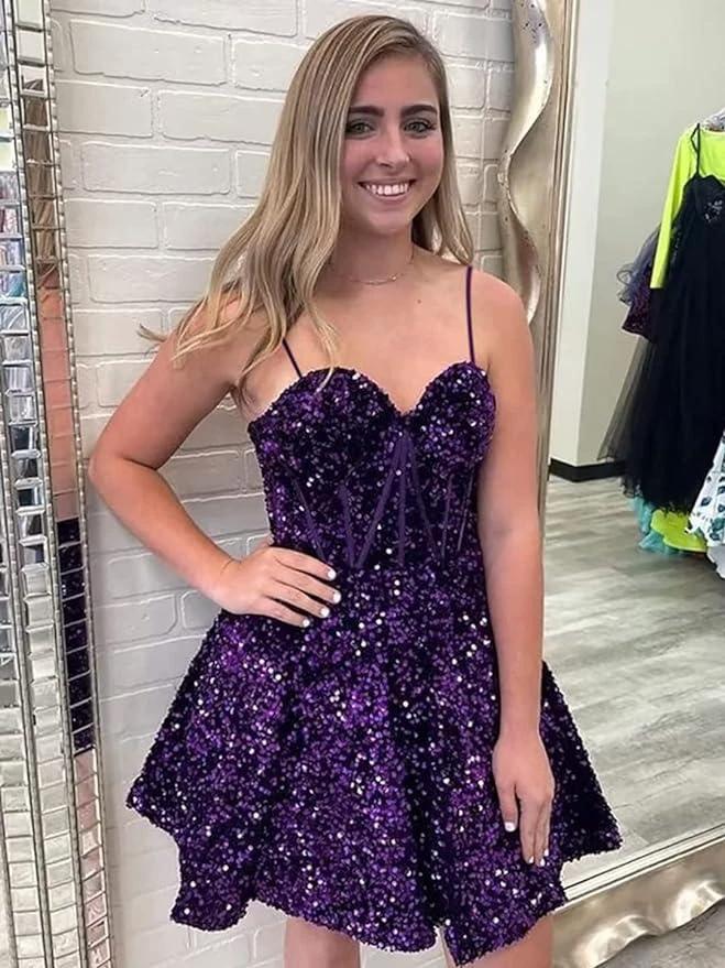 A line spaghetti strap prom dress short prom dresses sequin SYH94
