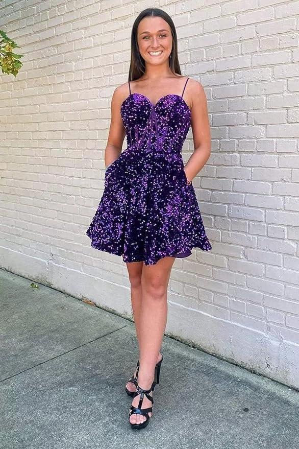 A line spaghetti strap prom dress short prom dresses sequin SYH94