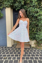 A line spaghetti strap prom dress short prom dresses sequin SYH94