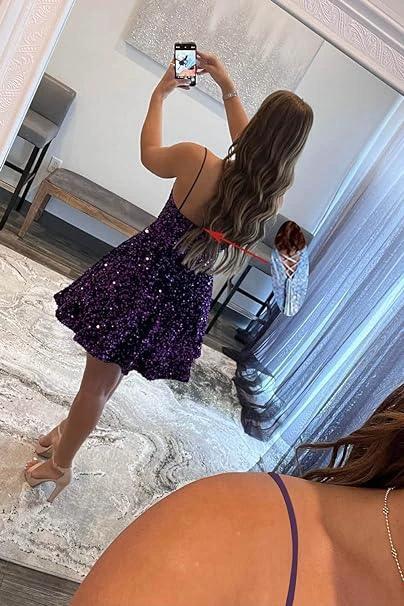 A line spaghetti strap prom dress short prom dresses sequin SYH94