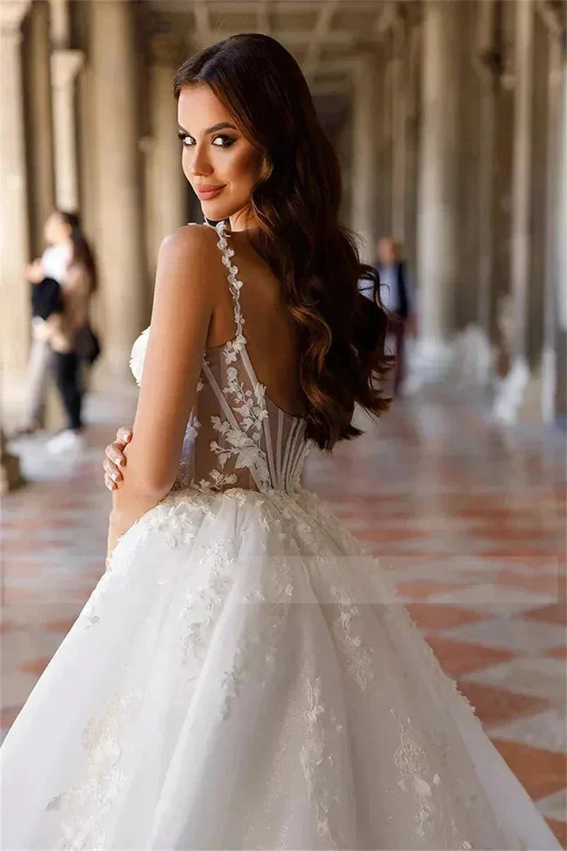 Square Neck Sexy Off Shoulder Sleeveless Fluffy Princess Style Mopping Wedding Dresses Sweetheart A-Line White Bridal Gowns 2023