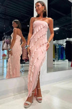 Strapless Ruffle Chiffon Pink Bridesmaid Dress with Slit BD121