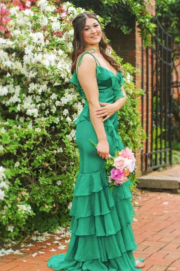 Straps Mermaid Ruffle Tiered Green Long Prom Dress With Slit PSK609