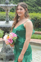 Straps Mermaid Ruffle Tiered Green Long Prom Dress With Slit PSK609