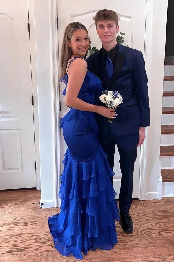 Straps Mermaid Ruffle Tiered Green Long Prom Dress With Slit PSK609