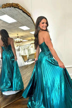 Sweetheart Metallic Pleated Emerald Green Long Prom Dress PSK591