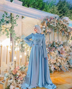 Modest A-line Blue Long Evening Dress Blue Maxi Dress Y6976