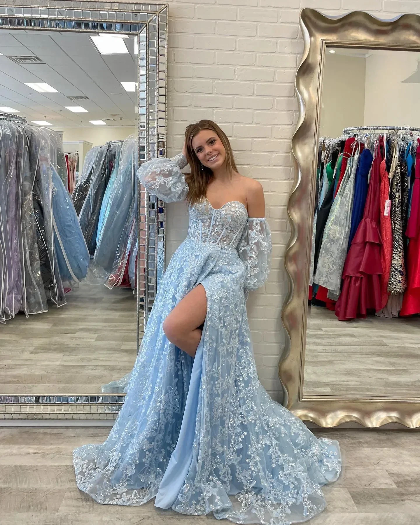 Sparkle Princess Bustier Puff Sleeve Lace Long Prom Dress Detachable Sleeves Evening Dress  Y1805