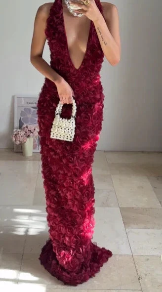 Gorgeous Deep V Burgundy Rose Flowers Sheath Long Prom Dress Evening Dress Y8504