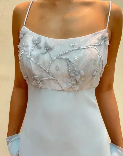 Elegant Pastel Blue Straps Chiffon Appliques Beaded Prom Evening Dress Y8142