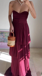 Burgundy Strapless Chiffon Pleated Tiered Long Evening Dress A Line Prom Dress Y8503