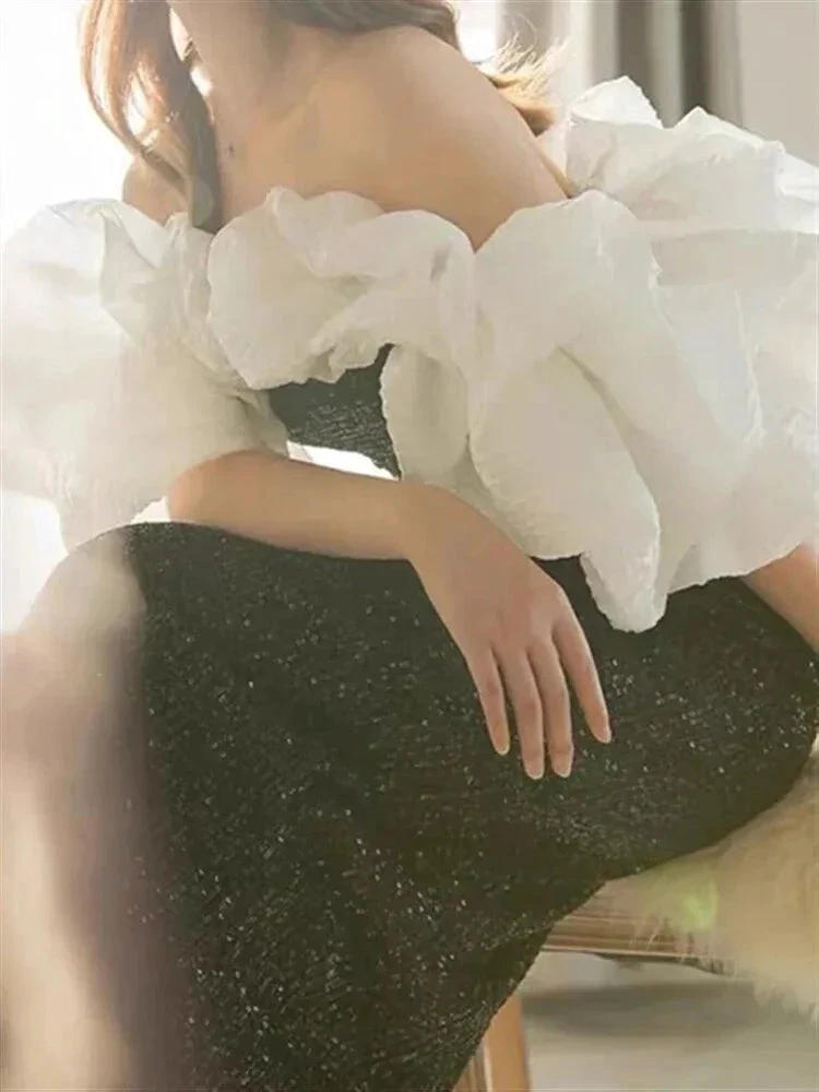 Gothic Black And White Evening Dress With Ruffles Formal Dress Y4383