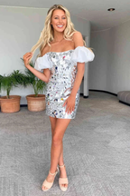 Off the Shoulder Silver Cut Glass Mirror Homecoming Dress Y1919