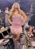 Women Sexy Feather Sparkly Tassel Dress Pink Sequin Fringe Dance Flapper Dress Summer Formal Dress,Pink Homecoming Dress Y2470
