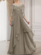 A-line Scoop Illusion Floor-Length Lace Chiffon Mother of the Bride Dress With Cascading Ruffles