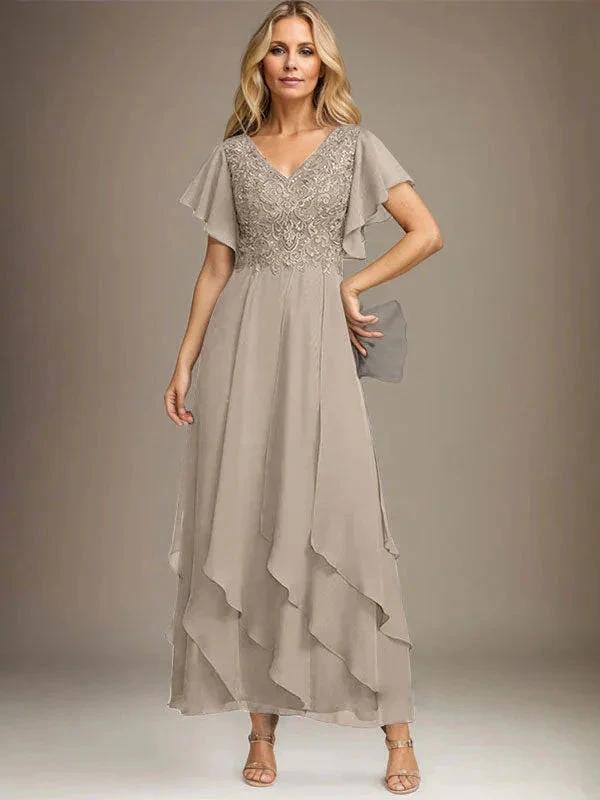A-line V-Neck Ankle-Length Lace Chiffon Mother of the Bride Dress With Cascading Ruffles