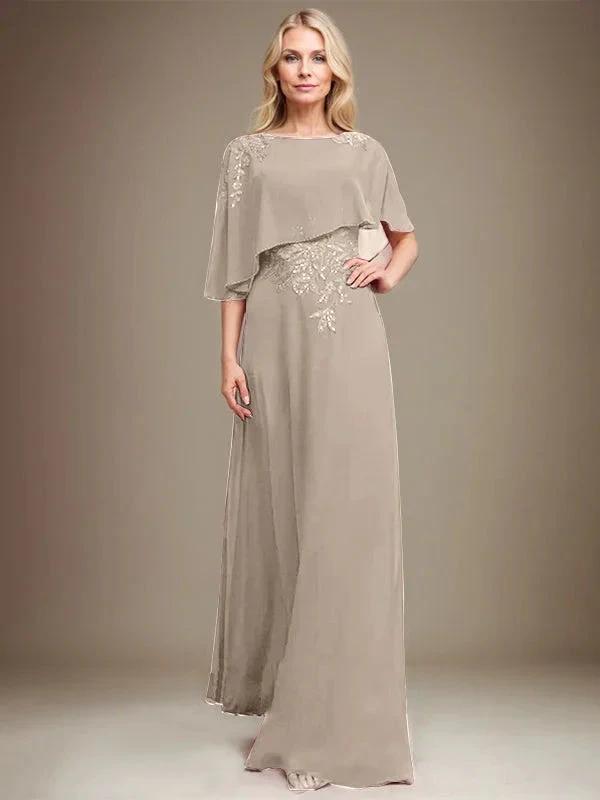 A-line Scoop Floor-Length Chiffon Lace Mother of the Bride Dress With Sequins Beading