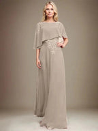 A-line Scoop Floor-Length Chiffon Lace Mother of the Bride Dress With Sequins Beading