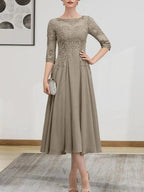 A-line Scoop Illusion Tea-Length Chiffon Lace Mother of the Bride Dress With Beading Sequins
