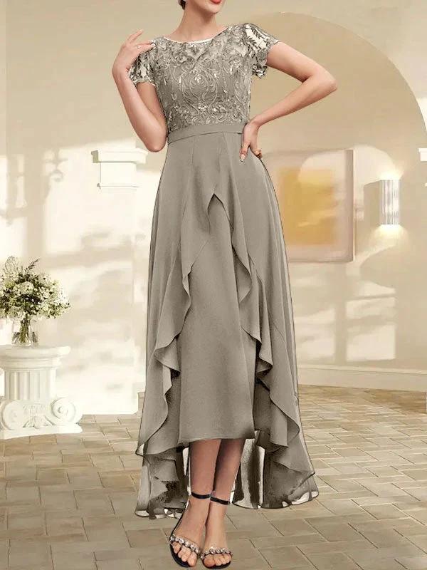 A-line Scoop Illusion Asymmetrical Chiffon Lace Mother of the Bride Dress With Bow Ruffle Sequins