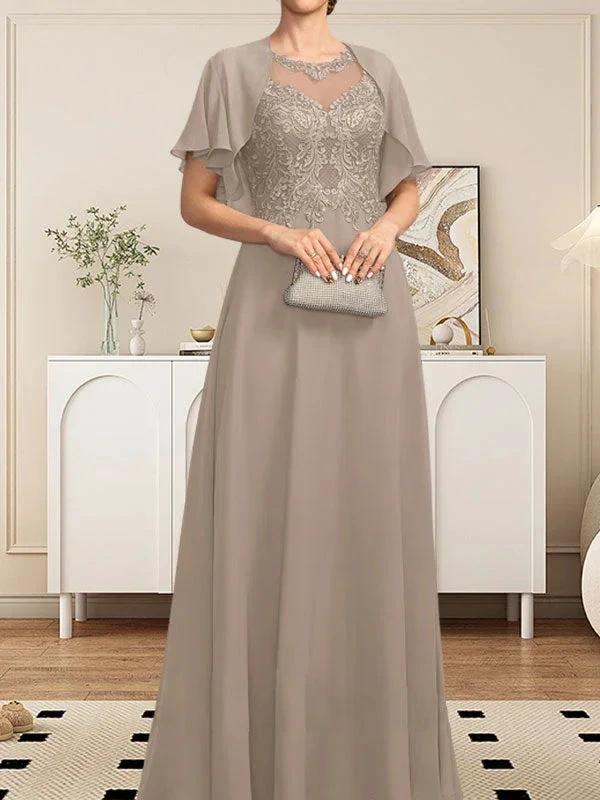 A-line Scoop Illusion Floor-Length Lace Chiffon Mother of the Bride Dress With Sequins