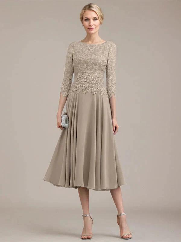 A-line Scoop Tea-Length Lace Chiffon Mother of the Bride Dress