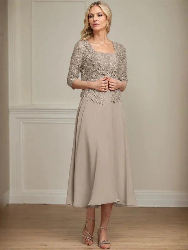 A-line Square Tea-Length Chiffon Lace Mother of the Bride Dress With Sequins Beading