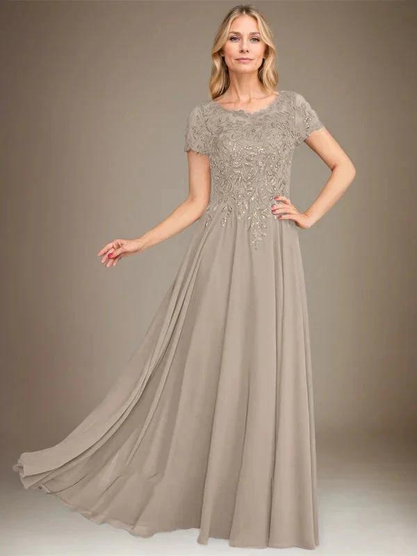A-Line Scoop Floor-Length Chiffon Mother of the Bride Dress With Applique & Sequins