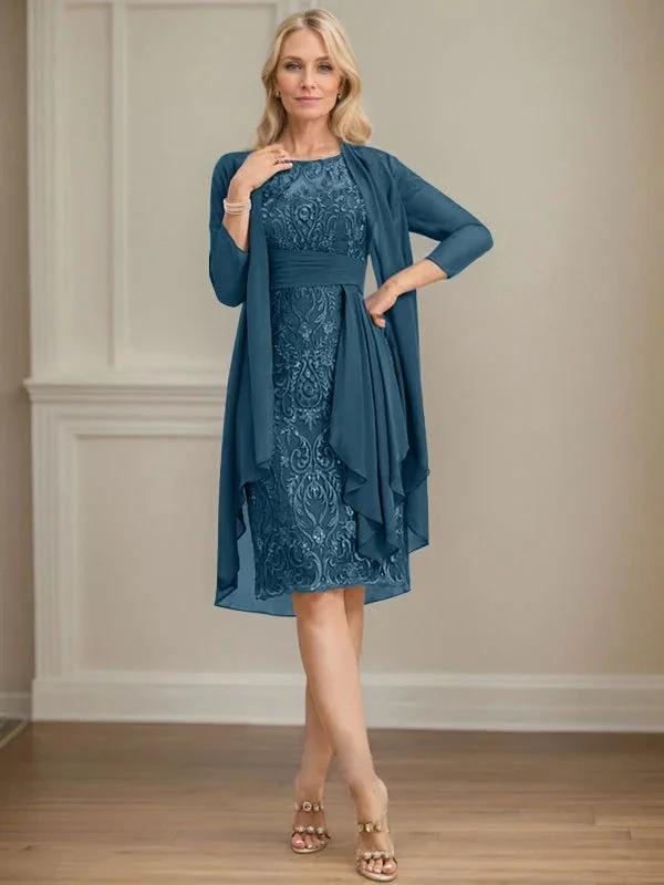 Sheath/Column Scoop Illusion Knee-Length Lace Chiffon Mother of the Bride Dress With Cascading Ruffles Sequins