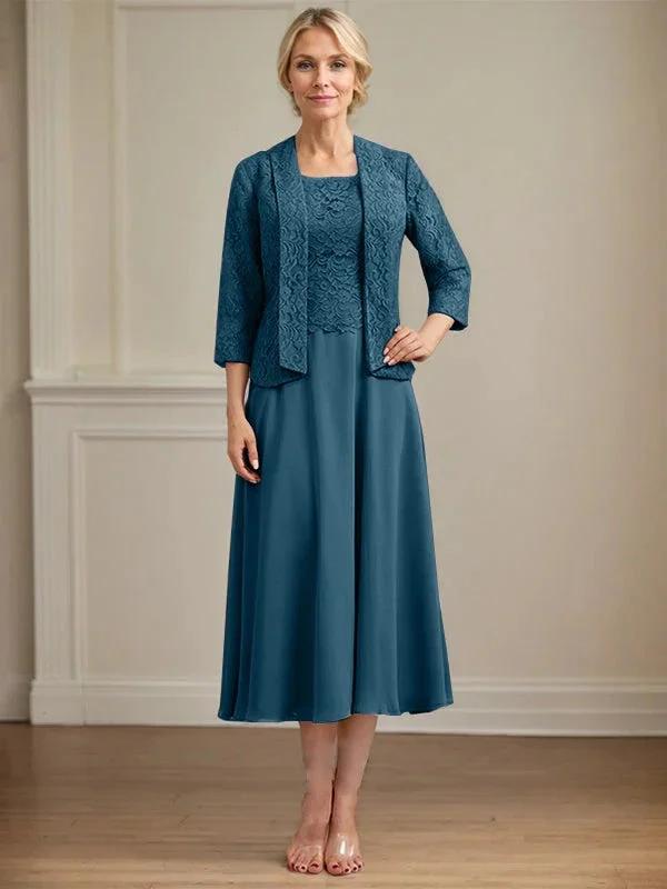 A-line Scoop Tea-Length Lace Chiffon Mother of the Bride Dress