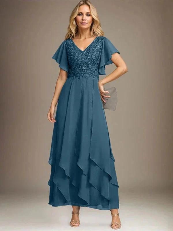 A-line V-Neck Ankle-Length Lace Chiffon Mother of the Bride Dress With Cascading Ruffles
